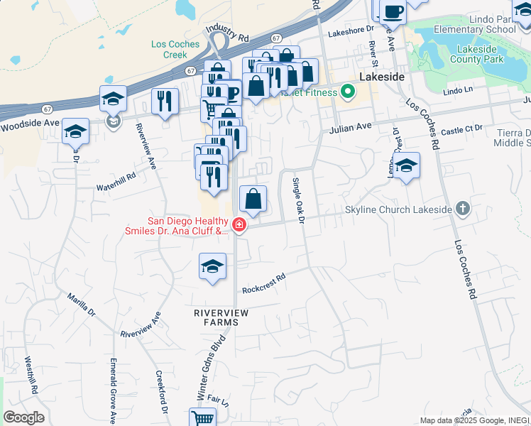 map of restaurants, bars, coffee shops, grocery stores, and more near 12147 Wintergreen Drive in Lakeside