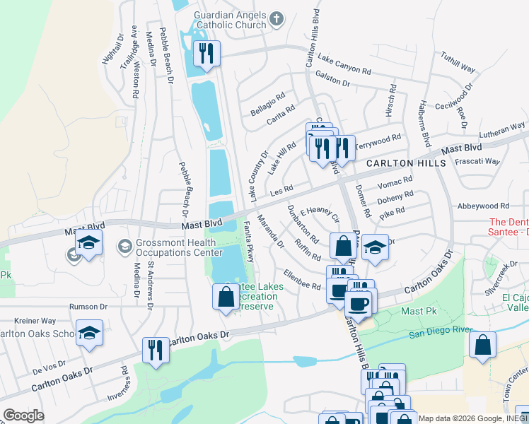 map of restaurants, bars, coffee shops, grocery stores, and more near 9121 Mast Boulevard in Santee