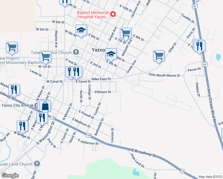 map of restaurants, bars, coffee shops, grocery stores, and more near 606 Fillmore Street in Yazoo City