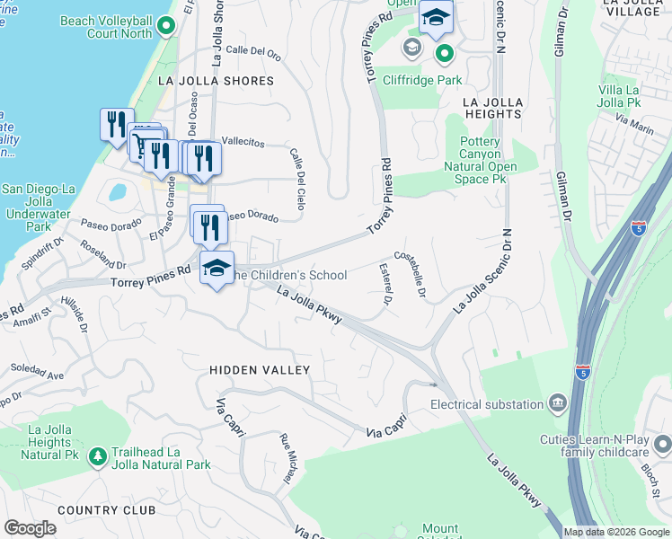 map of restaurants, bars, coffee shops, grocery stores, and more near 2614 Costebelle Drive in San Diego