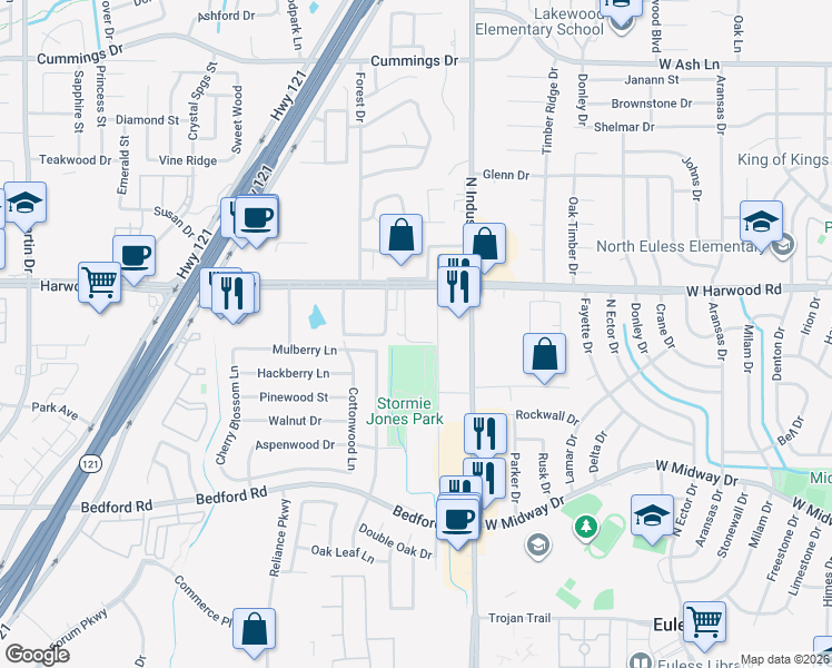 map of restaurants, bars, coffee shops, grocery stores, and more near 2616 Brasher Lane in Bedford