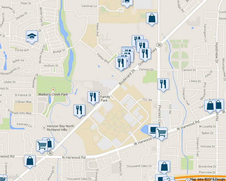 map of restaurants, bars, coffee shops, grocery stores, and more near 9127 Highway 26 in North Richland Hills