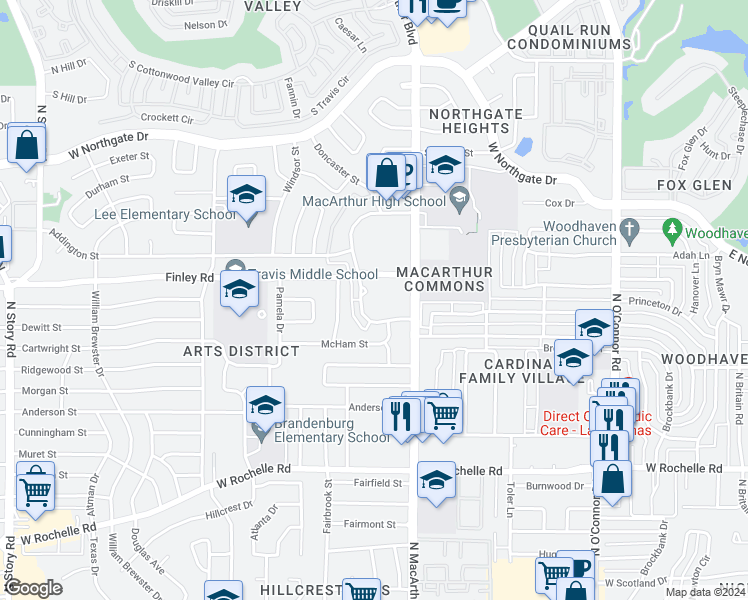 map of restaurants, bars, coffee shops, grocery stores, and more near 3333 North MacArthur Boulevard in Irving