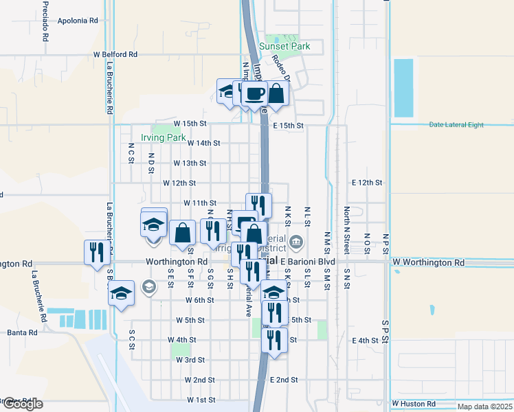 map of restaurants, bars, coffee shops, grocery stores, and more near 322 North Imperial Avenue in Imperial