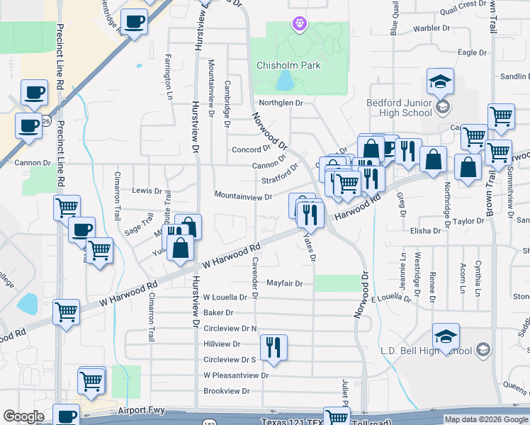 map of restaurants, bars, coffee shops, grocery stores, and more near 324 Country Green Phase 2 in Hurst