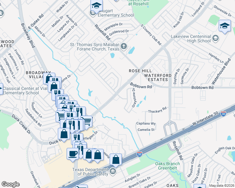 map of restaurants, bars, coffee shops, grocery stores, and more near 708 Rowlett Road in Garland