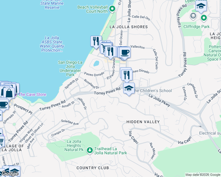 map of restaurants, bars, coffee shops, grocery stores, and more near 7892 East Roseland Drive in San Diego