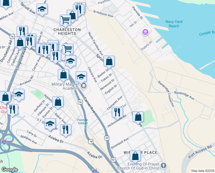 map of restaurants, bars, coffee shops, grocery stores, and more near 1932 English Street in North Charleston