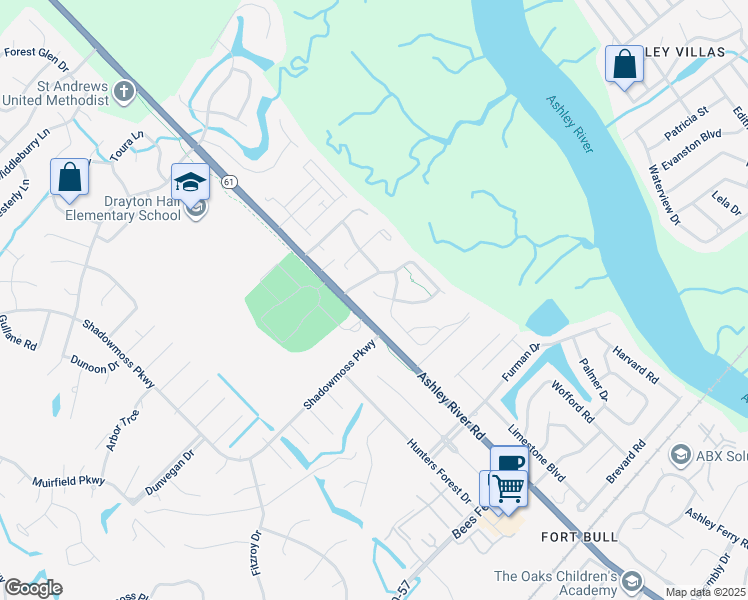 map of restaurants, bars, coffee shops, grocery stores, and more near 505 Shem Butler Court in Charleston
