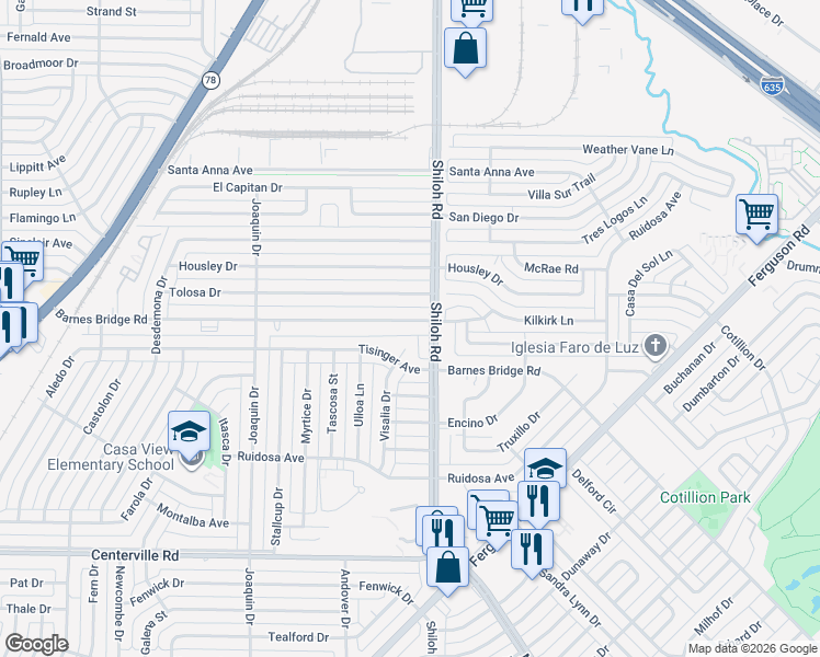 map of restaurants, bars, coffee shops, grocery stores, and more near 11311 Visalia Drive in Dallas