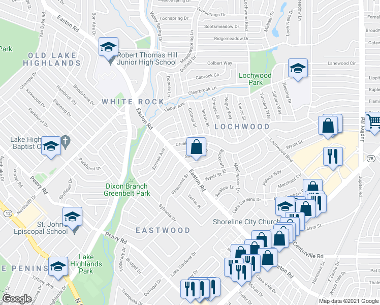 map of restaurants, bars, coffee shops, grocery stores, and more near 10522 Silverock Drive in Dallas