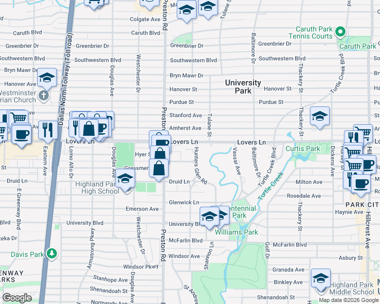 map of restaurants, bars, coffee shops, grocery stores, and more near 4024 Grassmere Lane in Dallas