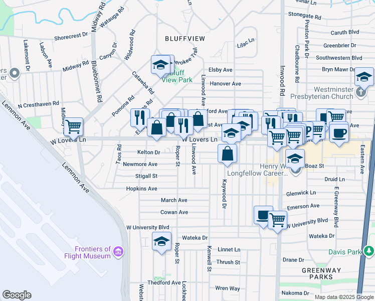 map of restaurants, bars, coffee shops, grocery stores, and more near 7714 Roper Street in Dallas