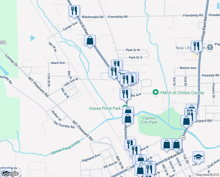 map of restaurants, bars, coffee shops, grocery stores, and more near 1409 Douglas Lane in Clanton