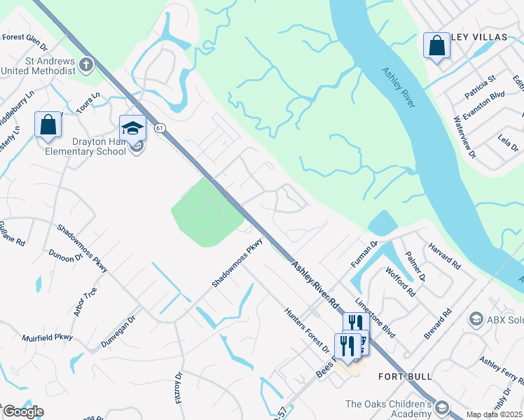 map of restaurants, bars, coffee shops, grocery stores, and more near 505 Shem Butler Court in Charleston