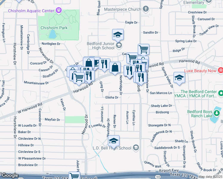map of restaurants, bars, coffee shops, grocery stores, and more near 404 Miranda Terrace in Bedford