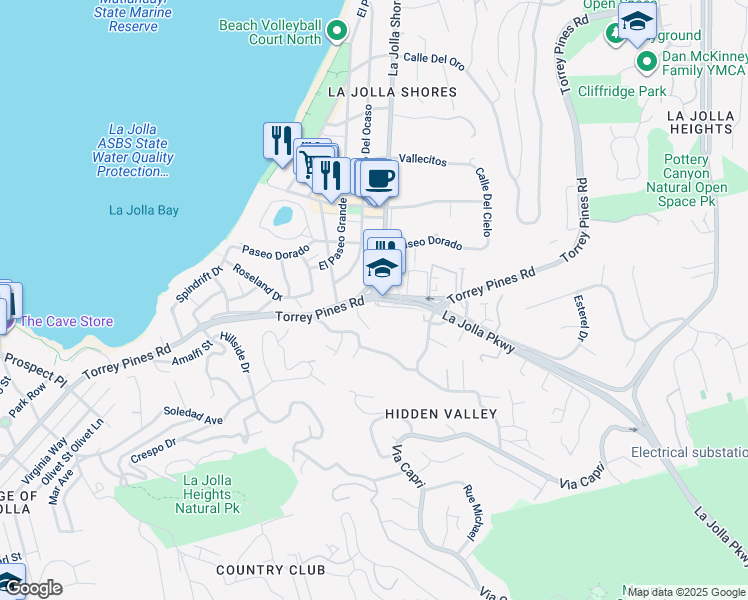 map of restaurants, bars, coffee shops, grocery stores, and more near 2225 Torrey Pines Road in San Diego