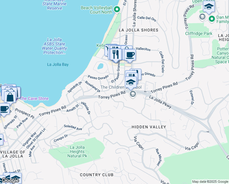 map of restaurants, bars, coffee shops, grocery stores, and more near 7904 Calle De La Plata in San Diego