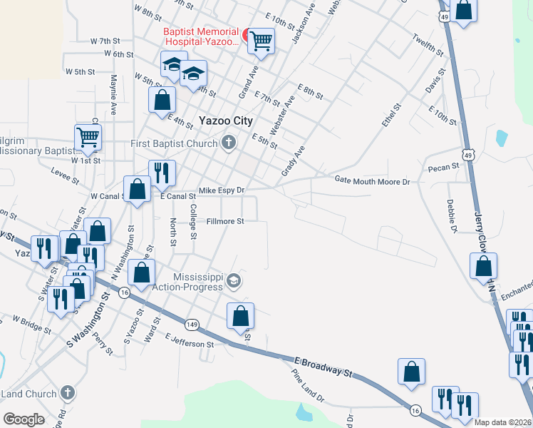 map of restaurants, bars, coffee shops, grocery stores, and more near 726 Fillmore Street in Yazoo City