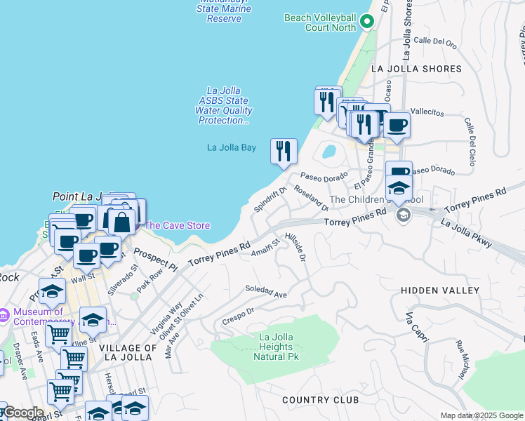 map of restaurants, bars, coffee shops, grocery stores, and more near 1835 Spindrift Drive in San Diego