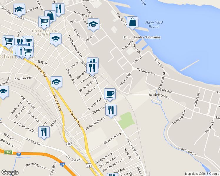 map of restaurants, bars, coffee shops, grocery stores, and more near 1806 Clements Avenue in North Charleston