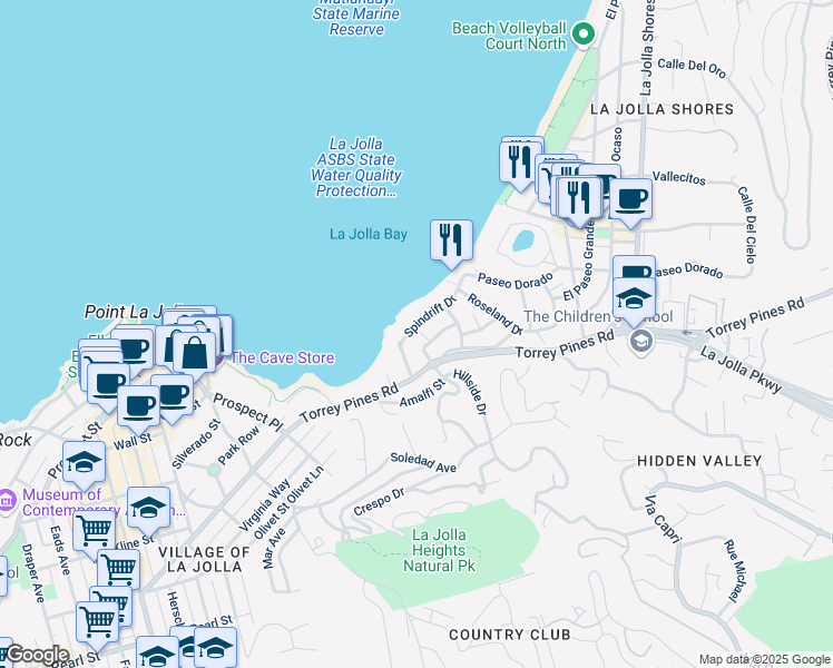 map of restaurants, bars, coffee shops, grocery stores, and more near 1835 Spindrift Drive in San Diego