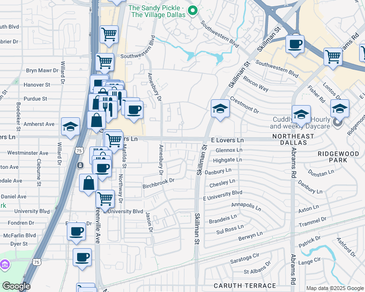 map of restaurants, bars, coffee shops, grocery stores, and more near 6044 East Lovers Lane in Dallas