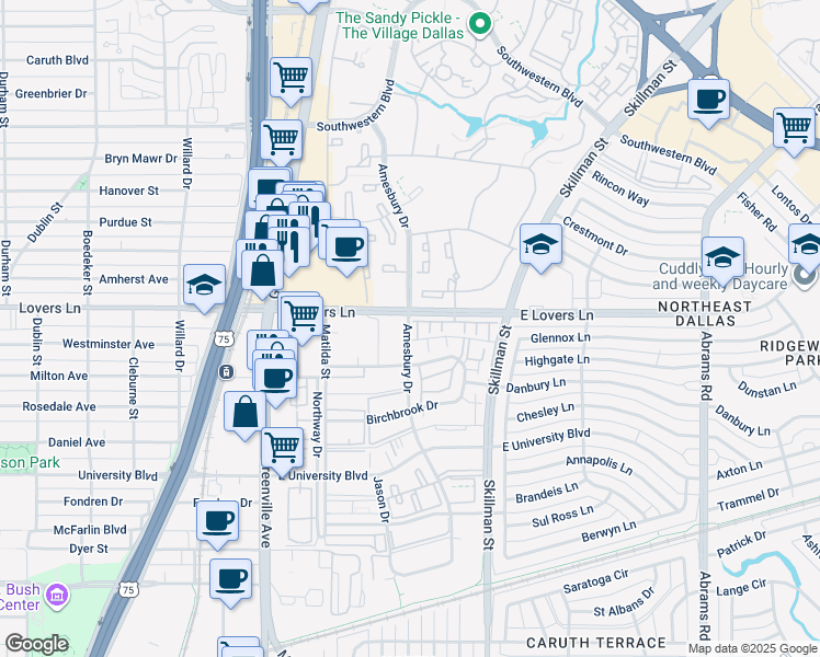 map of restaurants, bars, coffee shops, grocery stores, and more near 5252 Amesbury Drive in Dallas