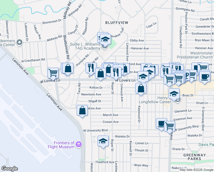 map of restaurants, bars, coffee shops, grocery stores, and more near 4610 Kelton Drive in Dallas