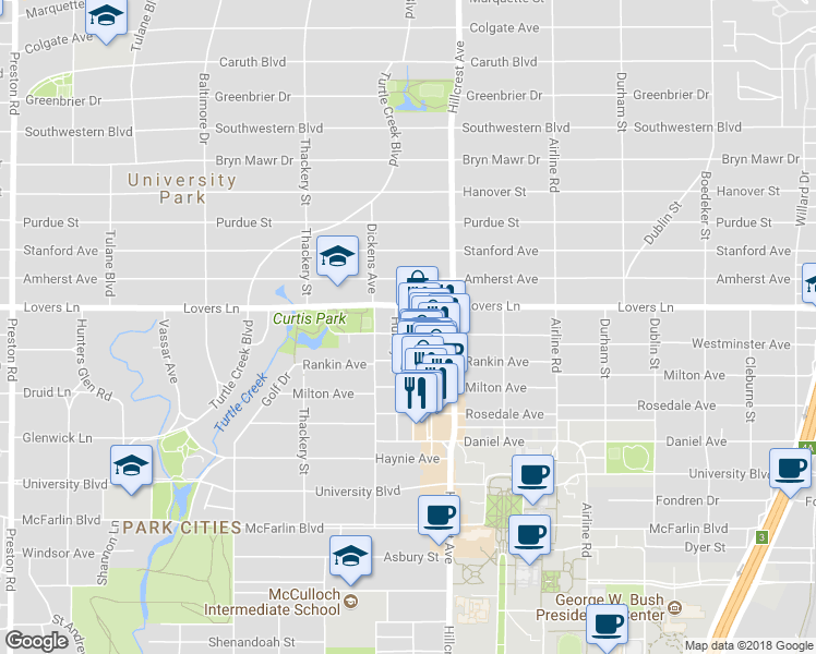 map of restaurants, bars, coffee shops, grocery stores, and more near 3418 Westminster Avenue in Dallas