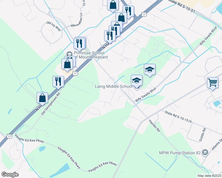 map of restaurants, bars, coffee shops, grocery stores, and more near 2631 Lohr Drive in Mount Pleasant