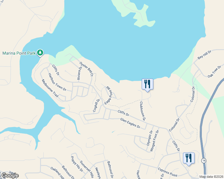 map of restaurants, bars, coffee shops, grocery stores, and more near 102208 Eagle Point Road in Graford