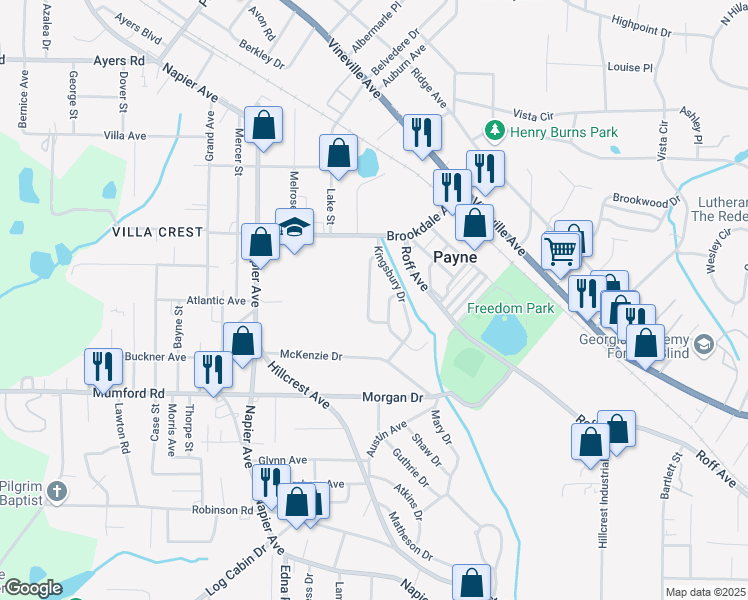 map of restaurants, bars, coffee shops, grocery stores, and more near 3530 Plymouth Drive in Macon
