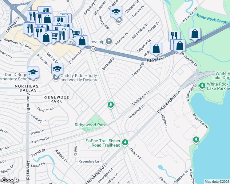 map of restaurants, bars, coffee shops, grocery stores, and more near 7142 Bucknell Drive in Dallas
