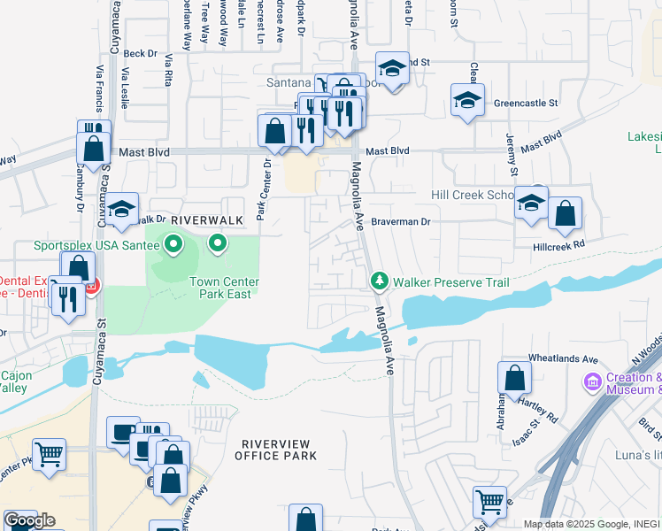 map of restaurants, bars, coffee shops, grocery stores, and more near 9560 Frank Way in Santee