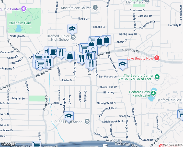 map of restaurants, bars, coffee shops, grocery stores, and more near 2509 Summitview Drive in Bedford