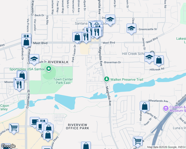 map of restaurants, bars, coffee shops, grocery stores, and more near 9560 Frank Way in Santee