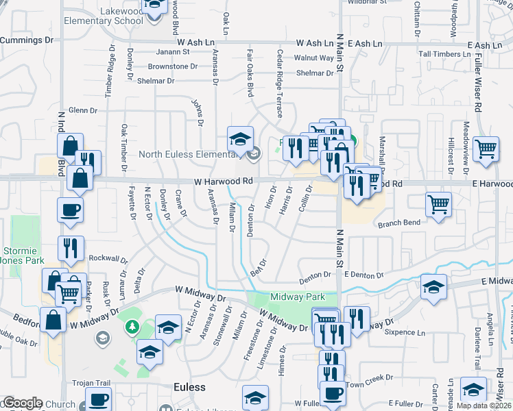 map of restaurants, bars, coffee shops, grocery stores, and more near 1003 Irion Drive in Euless