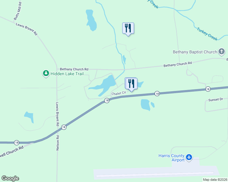 map of restaurants, bars, coffee shops, grocery stores, and more near 14475 Georgia 18 in Pine Mountain