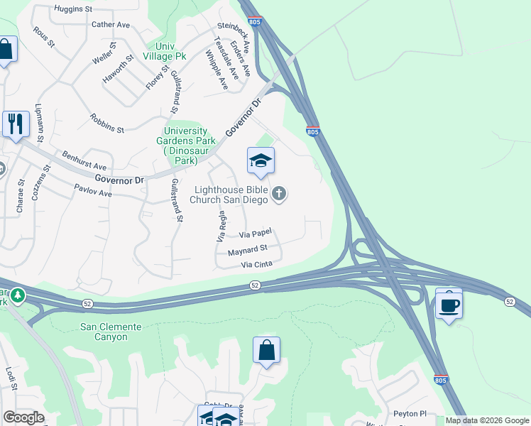 map of restaurants, bars, coffee shops, grocery stores, and more near 5014 Via Papel in San Diego