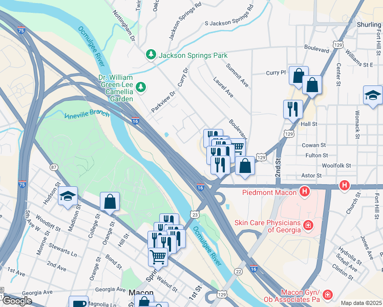 map of restaurants, bars, coffee shops, grocery stores, and more near 776 Baconsfield Drive in Macon