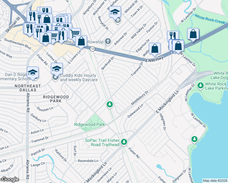 map of restaurants, bars, coffee shops, grocery stores, and more near 7142 Bucknell Drive in Dallas