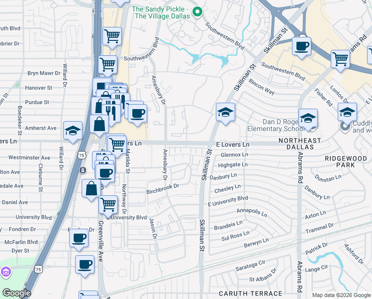 map of restaurants, bars, coffee shops, grocery stores, and more near 5107 Skillman Street in Dallas