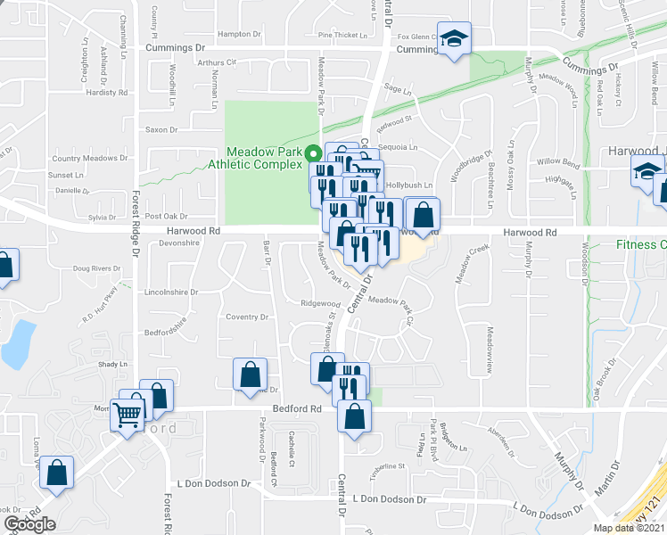 map of restaurants, bars, coffee shops, grocery stores, and more near 2724 Meadow Park Drive in Bedford