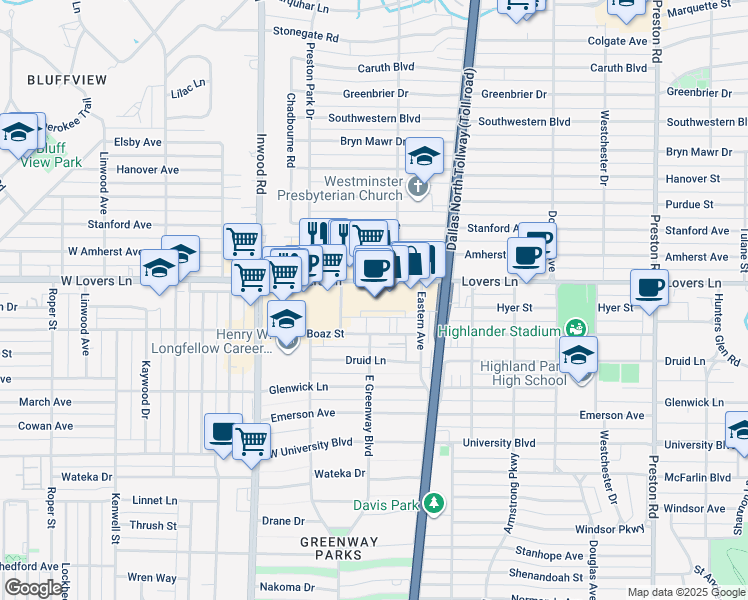 map of restaurants, bars, coffee shops, grocery stores, and more near 5600 West Lovers Lane in Dallas