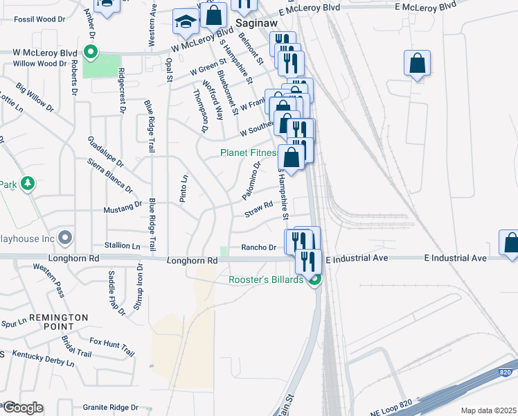 map of restaurants, bars, coffee shops, grocery stores, and more near 228 Straw Road in Saginaw