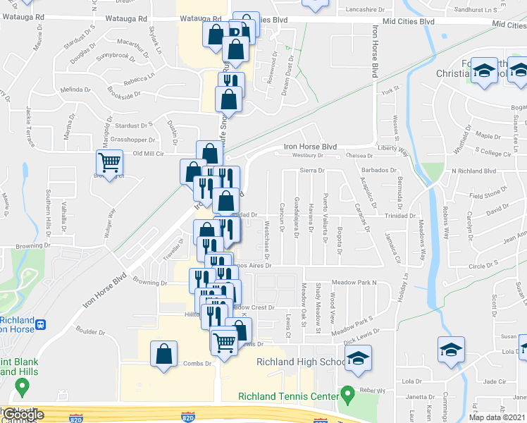 map of restaurants, bars, coffee shops, grocery stores, and more near 5701 Westchase Drive in North Richland Hills