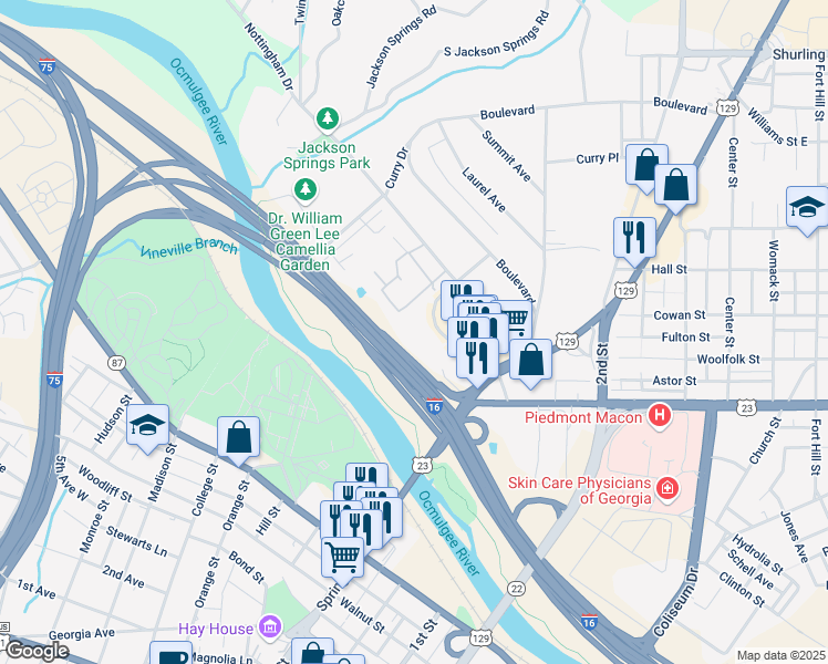 map of restaurants, bars, coffee shops, grocery stores, and more near 776 Baconsfield Drive in Macon