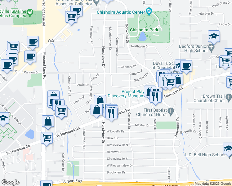 map of restaurants, bars, coffee shops, grocery stores, and more near 480 Shade Tree Circle in Hurst