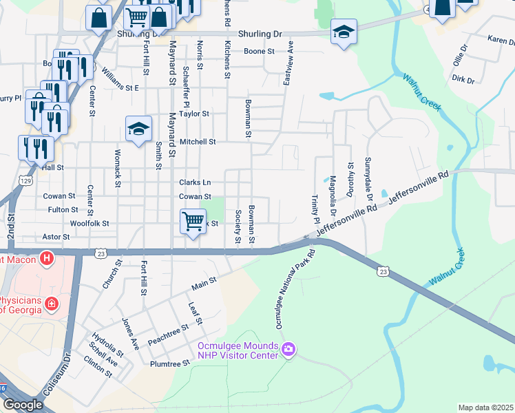 map of restaurants, bars, coffee shops, grocery stores, and more near 719 Bowman Street in Macon